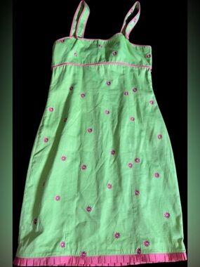 Vintage Bushwacker Lime Green Pink Floral Embroidered Pique Mini Dress -Size S/M